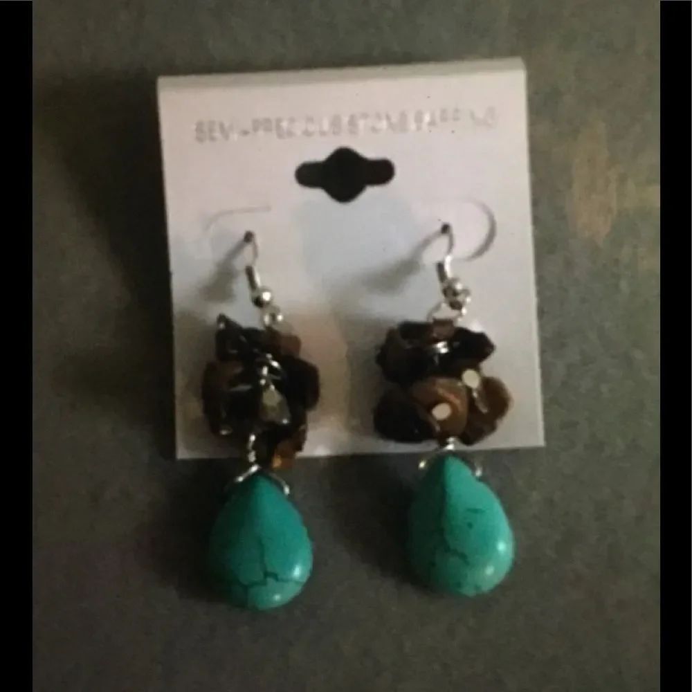 Genuine Teardrop Turquoise & Tigers' Eye Gemstone Dangle Earrings